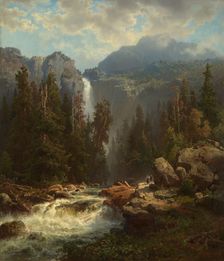 Norwegian Landscape with a Waterfall, 1849. Creator: August Wilhelm Leu