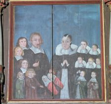 Norwegian painting showing a family with fourteen children, 17th century