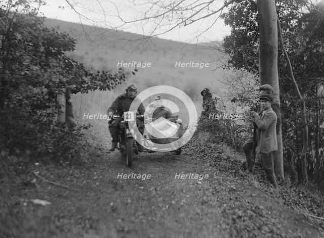 Norton and sidecar ridden by SL Grubb competing in the Inter-Varsity Trial, November 1931. Artist: Bill Brunell.
