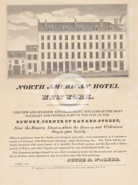 North American Hotel, New York, April 1832. Creator: Unknown.