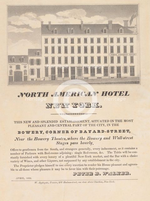 North American Hotel, New York, April 1832. Creator: Unknown.