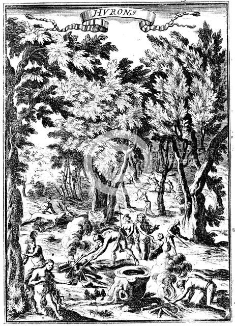 North American Huron Indians hunting and preparing food in woodland, 1686. Artist: Unknown