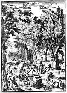 North American Huron Indians hunting and preparing food in woodland, 1686