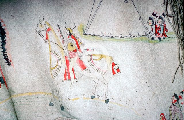 North American Indian decorated skin, showing a horse and rider, from the Arapaho tribe.