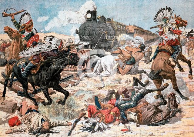 North American Indians attacking a train in Arizona, 1906. Artist: Unknown