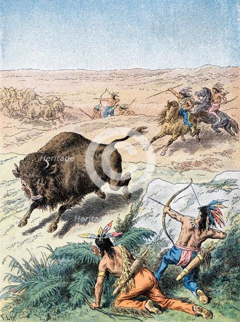 North American Indians hunting buffalo, c1870. Artist: Unknown