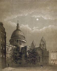 North-east view of St Paul's Cathedral by moonlight, City of London, 1850. Artist: Anon