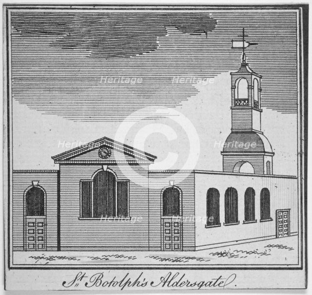 North-east view of the Church of St Botolph Aldersgate, City of London, 1750. Artist: Anon