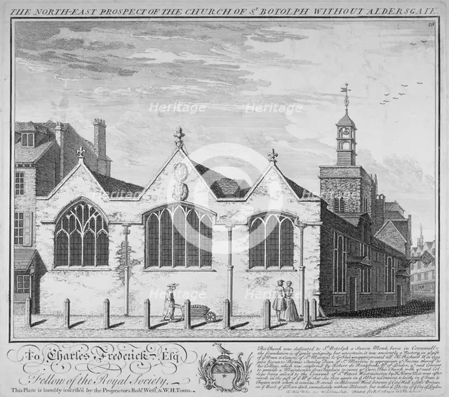North-east view of the Church of St Botolph Aldersgate, City of London, 1740. Artist: William Henry Toms