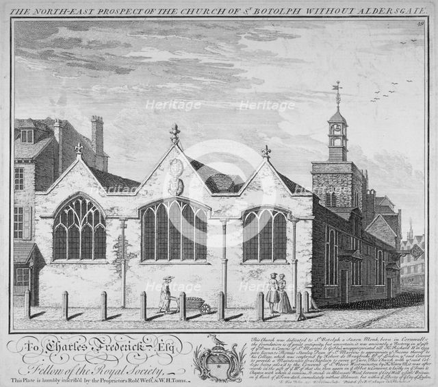 North-east view of the Church of St Botolph Aldersgate, City of London, 1740. Artist: William Henry Toms