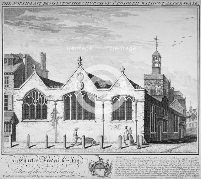 North-east view of the Church of St Botolph Aldersgate, City of London, 1739. Artist: William Henry Toms