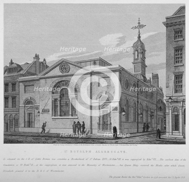 North-east view of the Church of St Botolph Aldersgate, City of London, 1814. Artist: Joseph Skelton
