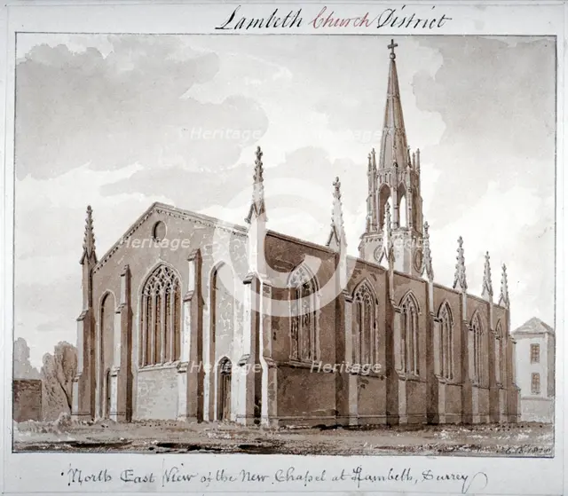 North-east view of the Church of St Mary the Less, Lambeth Butts, London, 1828. Artist: John Chessell Buckler