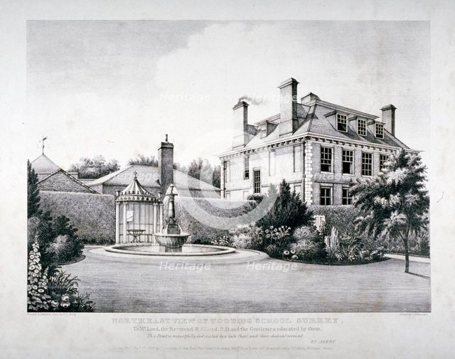 North-east view of Tooting School, with a garden in the foreground, Wandsworth, London, 1829. Artist: HP Ashby