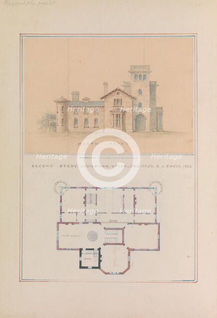 North Front and Second Floor Plan of John Munn House, Utica, New York, 1854. Creator: Alexander Jackson Davis.