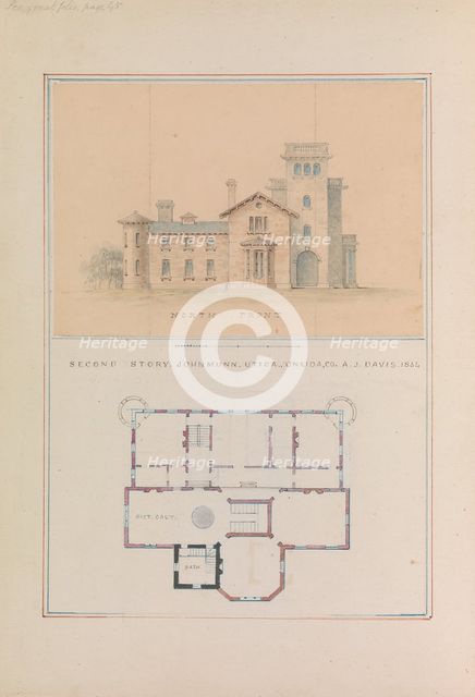 North Front and Second Floor Plan of John Munn House, Utica, New York, 1854. Creator: Alexander Jackson Davis.