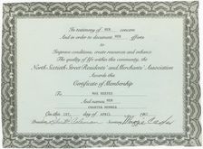 North Sixtieth Street Association membership certificate issued to Mae Reeves, 1987. Creator: Unknown