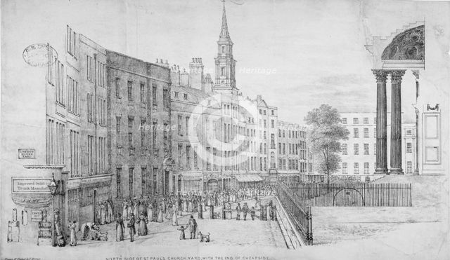 North side of St Paul's Churchyard, with the end of Cheapside, City of London, 1822. Artist: Thomas Horner