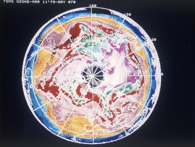 North Pole total ozone maps with meteorological chart, March 1979. Creator: NASA.