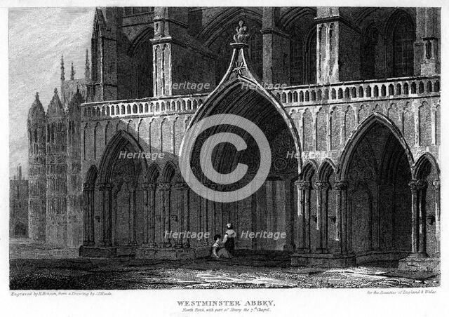 North porch with part of the Henry VII Chapel, Westminster Abbey, London, 1815.Artist: H Hobson