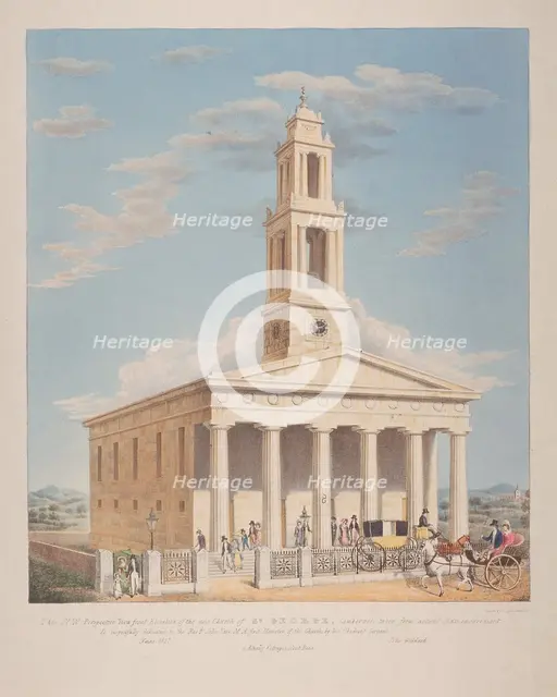 North west view of St George, Camberwell with figures in the front. Camberwell, London, 1827. Artist: Charles Joseph Hullmandel