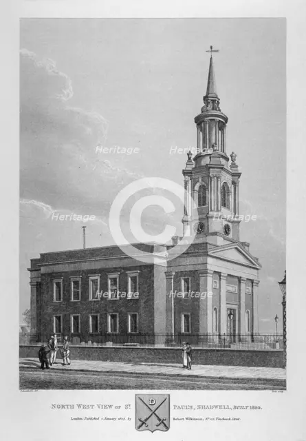 North-west view of St Paul's Church, Shadwell, London, 1825. Artist: Thomas Dale