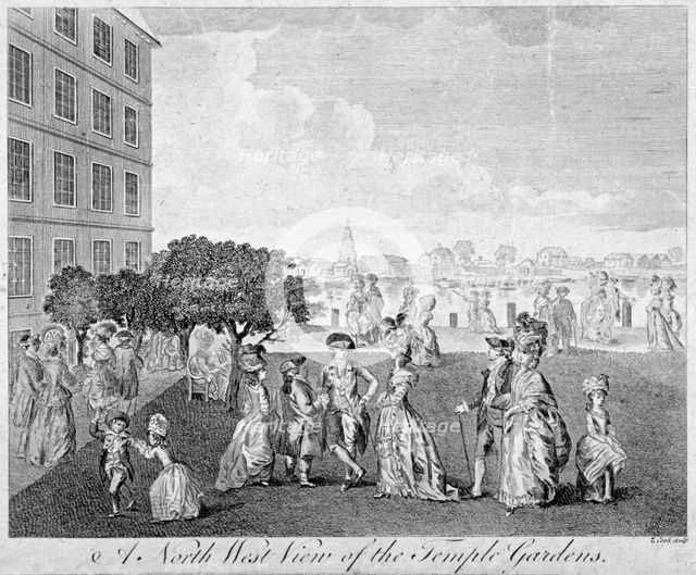 North-west view of Temple Gardens with figures walking and children playing, City of London, c1750. Artist: T Cook