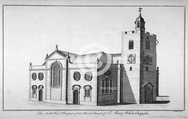 North-west view of the Church of St Mary, Whitechapel, London, c1800. Artist: Benjamin Cole