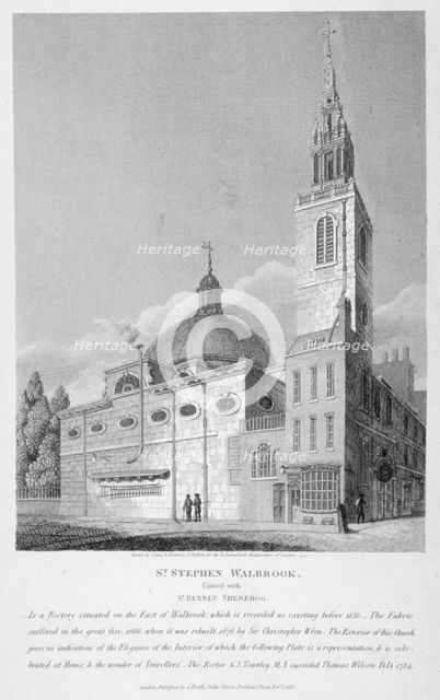 North-west view of the Church of St Stephen Walbrook, City of London, 1813. Artist: Joseph Skelton
