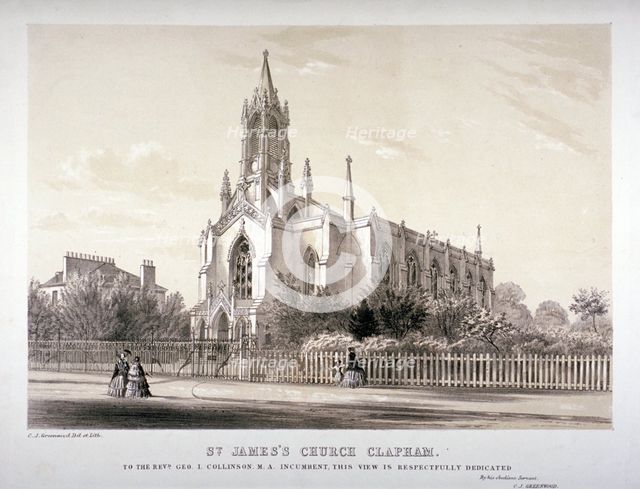 North view of the Church of St James, Clapham, London, c1850. Artist: CJ Greenwood