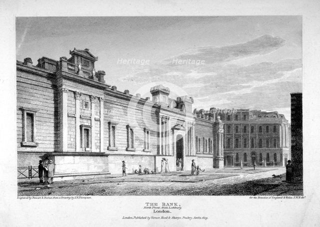 North view of the Bank of England, City of London, 1809.  Artist: John Burnet