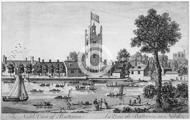 North view of St Mary's Church, Battersea from across the Thames, London, 1760.                      Artist: Anon
