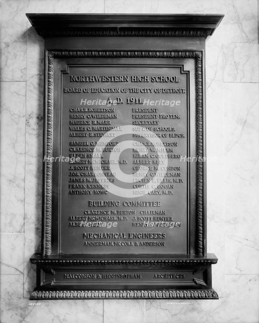 Northwestern High School, plaque in entrance, Detroit, Mich., ca 1911. Creator: Unknown.