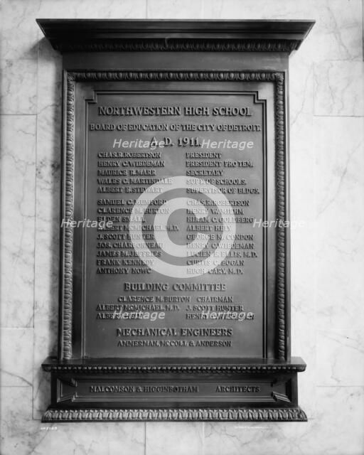 Northwestern High School, plaque in entrance, Detroit, Mich., ca 1911. Creator: Unknown.