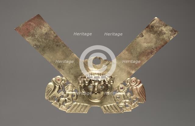 Nose Ornament with Human Head and Condors Attacking Humans, c. 100-300. Creator: Unknown.
