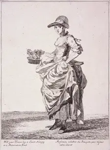 Nosegay and memo book seller, Cries of London, 1760. Artist: Paul Sandby