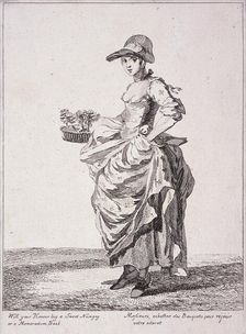 Nosegay and memo book seller, Cries of London, 1760. Artist: Paul Sandby