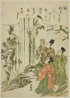 Na: Nunobiki Waterfall, from the series "Tales of Ise in Fashionable Brocade Pictures ..., c1772/73. Creator: Shunsho