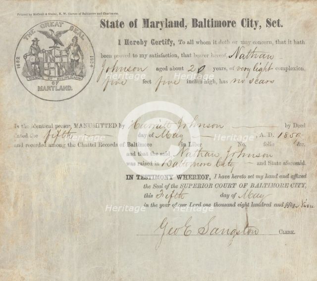 Nathan Johnson Manumitted by Harriett Johnson, 1859. Creator: Unknown.