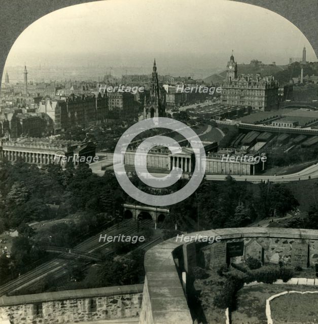 'National Gallery, Scott Monument and Princes Street, from Castle. Edinburgh, Scotland', c1930s. Creator: Unknown.