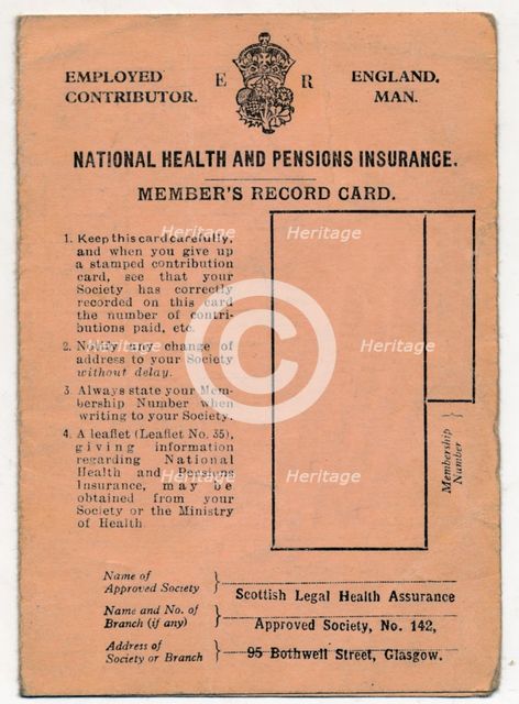 'National Health and Pensions Insurance Card: Member's Record Card', c1930s. Artist: Unknown.