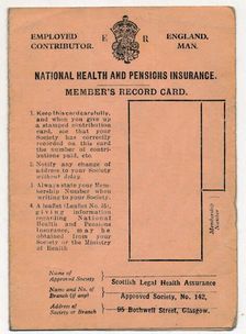 National Health and Pensions Insurance Card: Member's Record Card c1930s