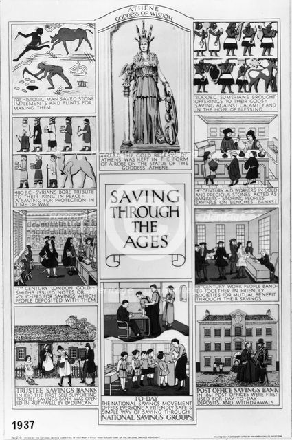 National Savings Poster, Saving through the ages, 1937. Artist: Unknown