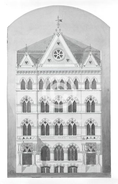 National Park Bank, New York City, New York, Competition Design Drawing, c. 1866. Creator: Peter Bonnett Wight.