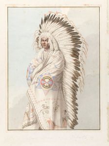 Native North American costume: a man wearing a decorated robe and a feather headdress, (1855?). Creator: Thomas Bateman