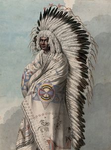 Native North American costume: a man wearing a decorated robe and a feather headdress, (1855?). Creator: Thomas Bateman