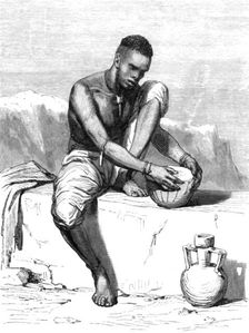 Native of the Dinka tribe,white Nile, mending his drum; The Nile Valley above Khartum 1875. Creator: Unknown