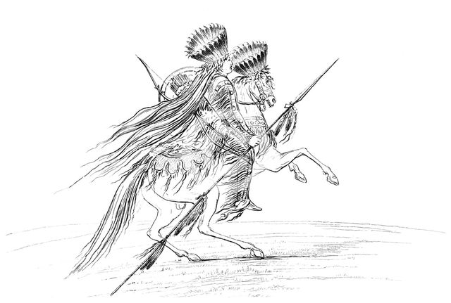 Native American male with weapons and headdress, riding a horse, 1841.Artist: Myers and Co