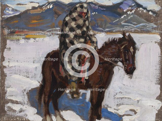 Native American on Horseback in Snow, 1925. Creator: Akseli Gallen-Kallela.