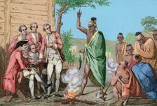 Native American council and conquistadors meeting around a fire, United States, 1837, (1850). Creator: Emile Louis Vernier